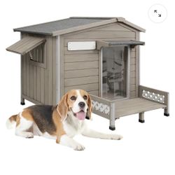 Outdoor Dog House, Wooden Dog Kennel with Porch & Window for Dog