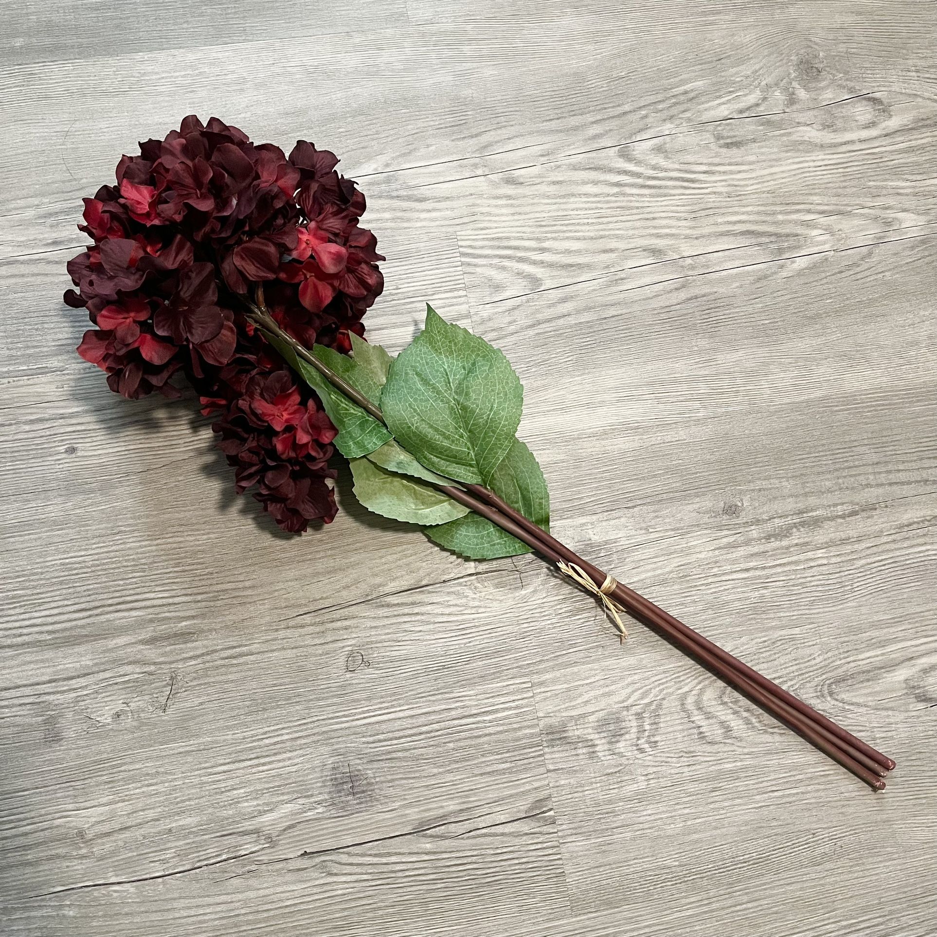 Faux Hydrangea Flowers Deep Merlot Color 3 Stalks