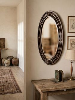 Title: Antique Bronze Oval Wall Mirror – Beaded Detailing (Excellent Condition)