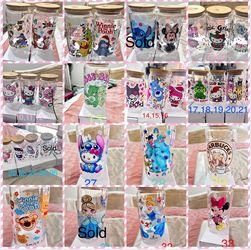 16 Oz. Glass cups. Mickey Mouse, Hello kitty, Stitch, Winnie The Pooh, Princess, Etc.