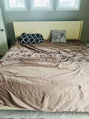 🛏️ Feonase King Platform Bed Frame – Beige Upholstered with Wingback Headboard