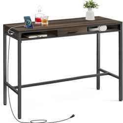 New Bar Table with Power Outlets, 47.2 Inches Long Bar Height Pub Table, Rectangular High Top, with Movable Drawer, 2 Hooks, Narrow Storage