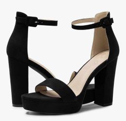 New Women's Platform Heels 4 Inches Open Toe Ankle Strap Chunky High heels Dress Pump Sandals Black Shoe Size 7.5