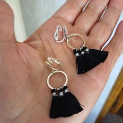 Women's Tassel/Fringe Black Invisible Clip On/ Dangle Earrings, Boho Jewelry 