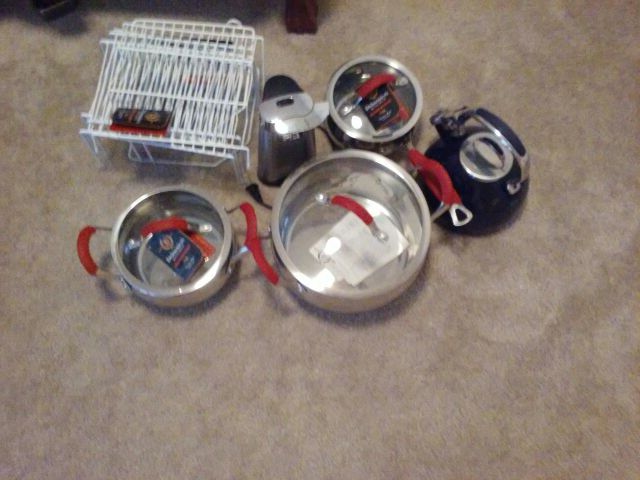 Delmonico's 7 QT Dutch Oven, 3 QT. Sauce pan, 2 QT sauce pan Stainless Steel!!!! Navy and stainless kettle and stainless tall can opener! $175 obo!