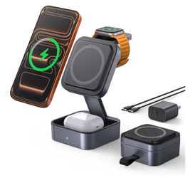 3 in 1 Wireless Charging Station for Apple Multiple Devices, Foldable Travel MagSafe Charger Stand with 20W PD Adapter for iPhone 17 16 15 14 13, Appl