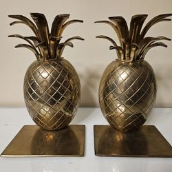 Vintage Heavy Brass Glam Tropical Pineapple Bookends Book End Holder - Set of 2
