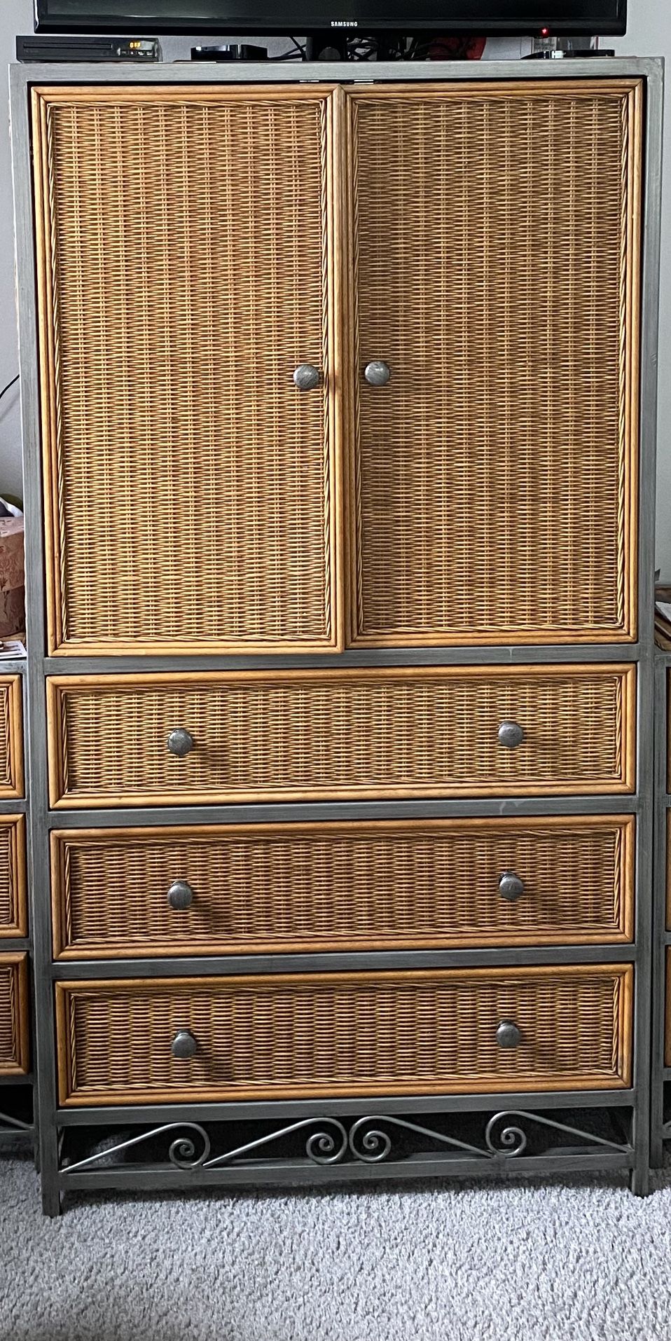 8 Piece Pier 1 Imports Miranda Wicker and Steel Armoire, Dressers (4) And Night Stands 2)