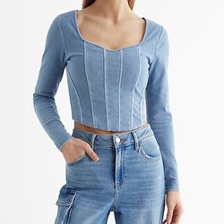 Express Body Contour White V Neck Corset Crop Long Sleeve Top Size Large