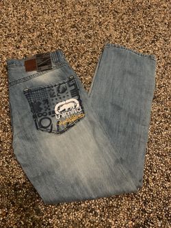 Ecko Unlimited Jeans Men's 32x32 Blue Light Wash Straight Leg RARE Distressed ME