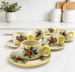 Vintage Italian Fatto A Mano Hand Painted Demitasse Espresso Set 6 Cups Saucers
