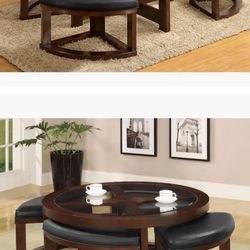 Wooden Coffee Table With Glass Top And Four Ottoman 
