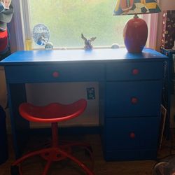 Child’s Red And Blue Sports Theme Desk, Chair, Valance & Pillowcases