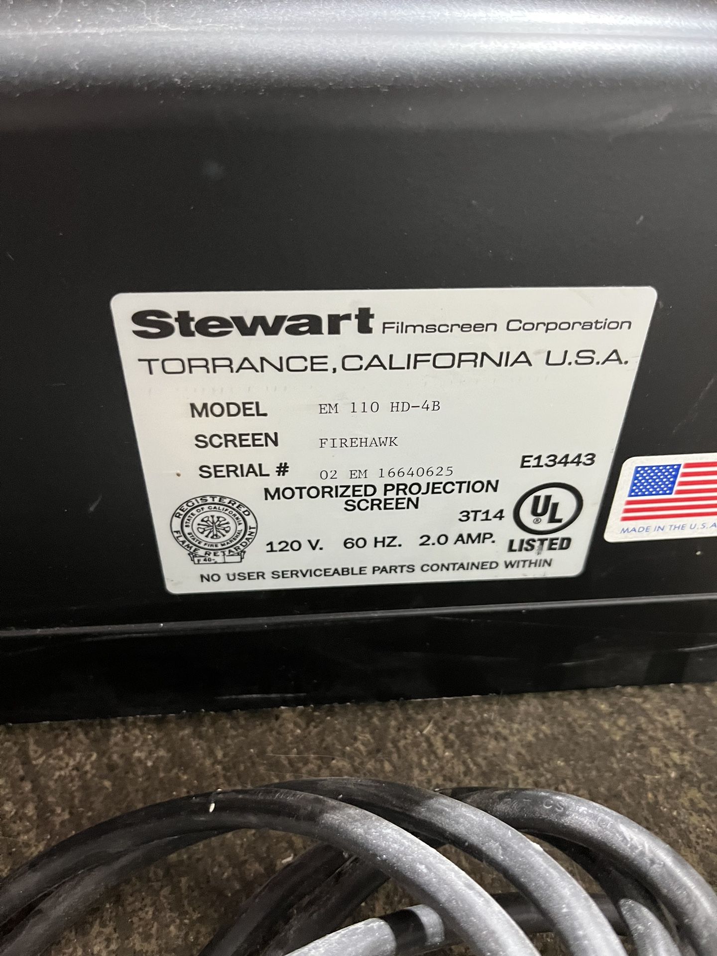 110” Stewart Firehawk EM 110 HD-4B Motorized Projector Screen $100