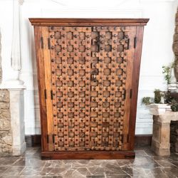 1800s Antique Rustic Indian Teak Wood Armoire Cabinet Hutch Pantry