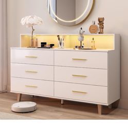 6 Drawer White Wood Dresser With LED lights 