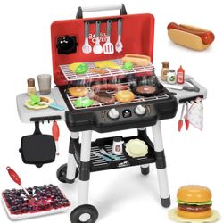 Kids Play Kitchen Toys, Kids BBQ Grill Playset with Smoke Sound Light, 2-Layer Barbecue Toy with Wheels, Outdoor Play Food Toys Cooking Set for Toddle