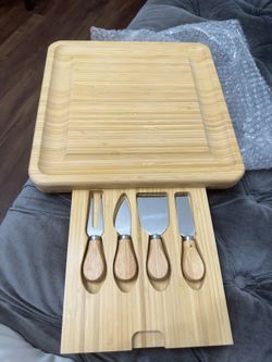 Twine Four Piece Bamboo Knife Set Wood Cheese Boards, Natural,10162