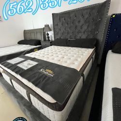 Queen Velvet Bed Frame Grey With Diamonds Tall Headboard 