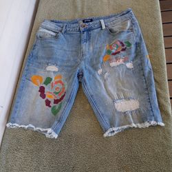 Staple Pigeon Light Stonewash Multicolor Stitching Distressed Denim Shorts Sz 32