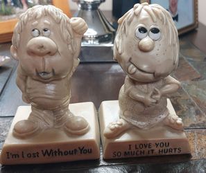 vintage 1970s era "Sillisculpts" message figurines produced by Russ Berrie & Co.Material and Design: