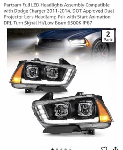 Partsam Full LED Headlights Assembly Compatible with Dodge Charger 2011-2014, DOT Approved Dual Projector Lens Headlamp Pair with Start Animation DRL 