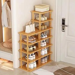 Bamboo Shoe Rack 12 Tier- Vertical Shoe Rack for Small Spaces, Tall Narrow Rack