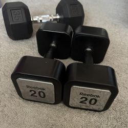 Dumbbells: Pair of Reebok 20 lb square dumbbells / one 35 lb dumbbell