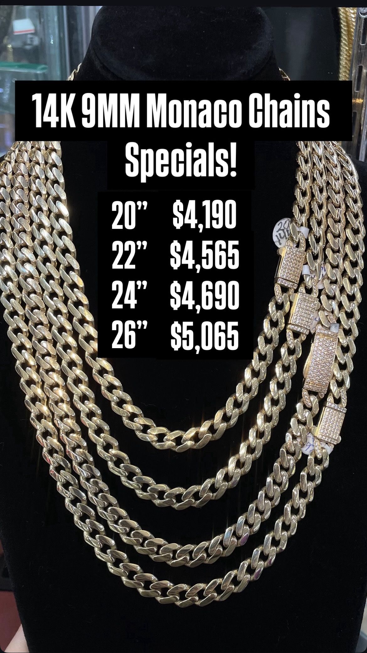 14K 9MM Monaco Chain Yellow Gold
