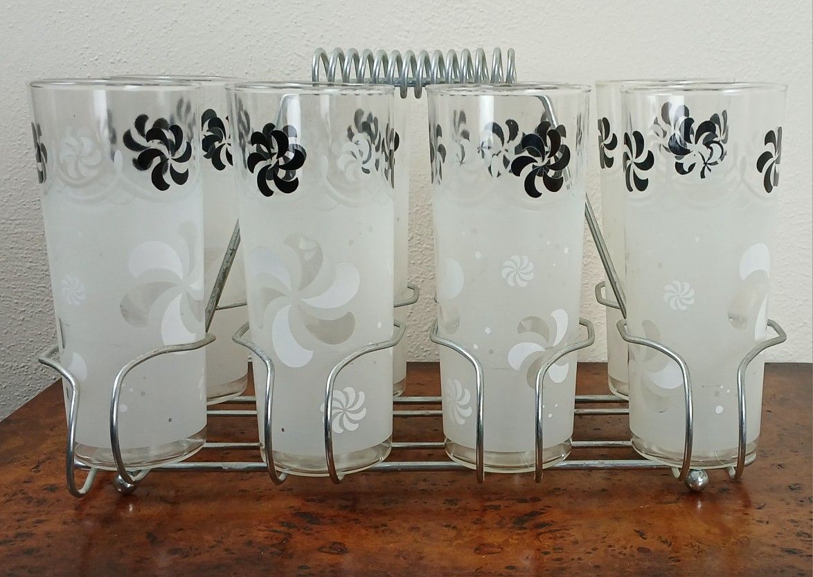 MCM Pinwheel Collins Glasses With Caddy