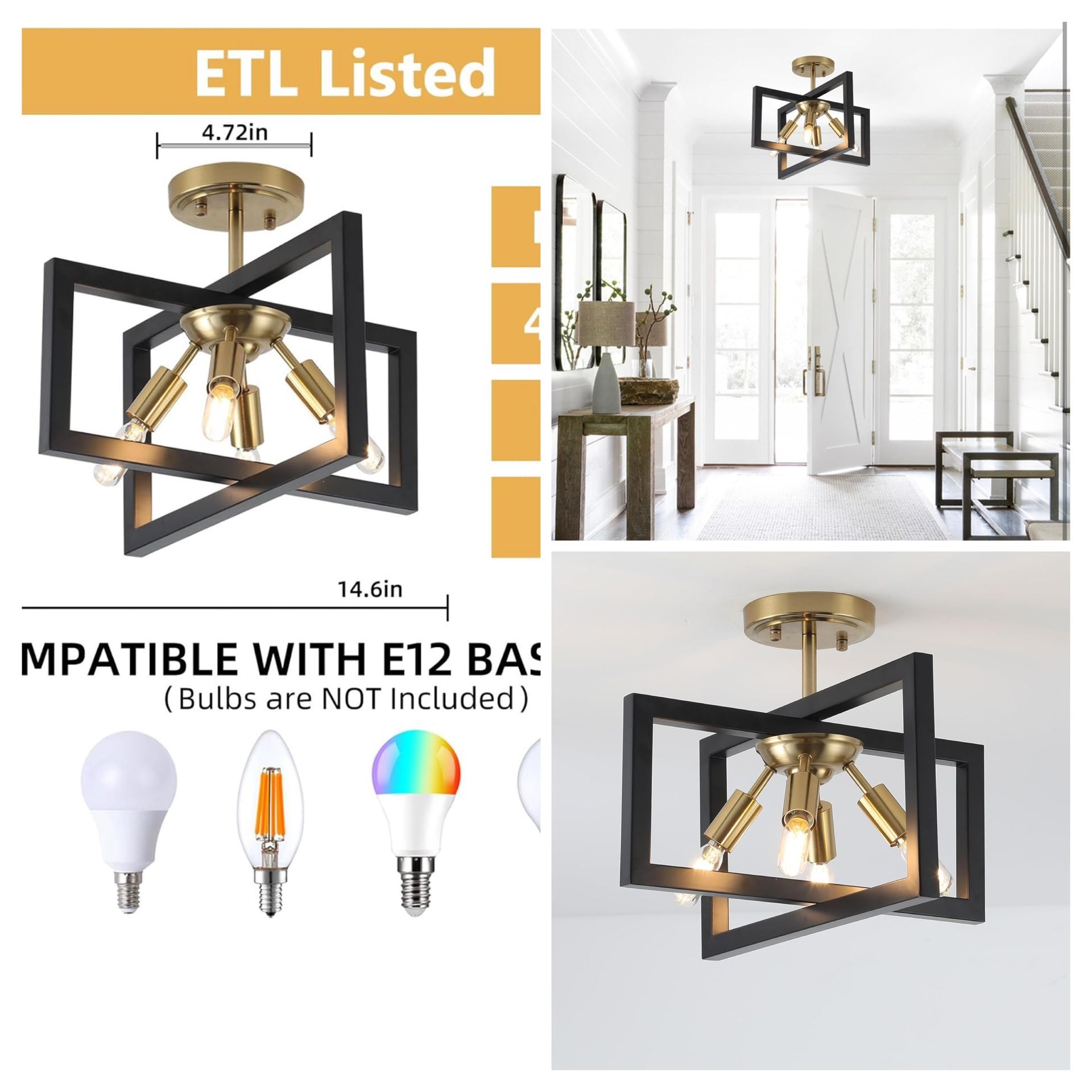 Semi-Flush Mount Ceiling Light - Modern Industrial Light Fixture Black and Gold,4-Light Candelabra Lighting Ceiling Lamp for Kitchen Foyer Entryway Ha