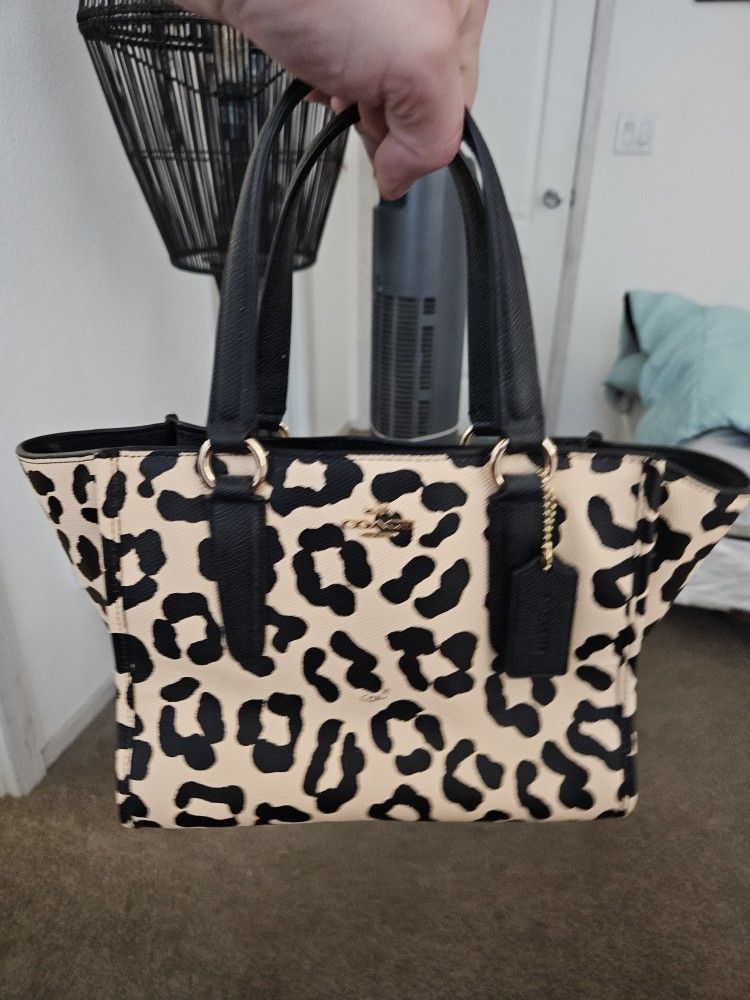 Authentic Coach Black and Tan Leopard Animal Print Mini Tote Handbag with Charm