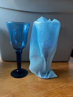 Small vintage cobalt blue hand-blown glass wine and water goblet