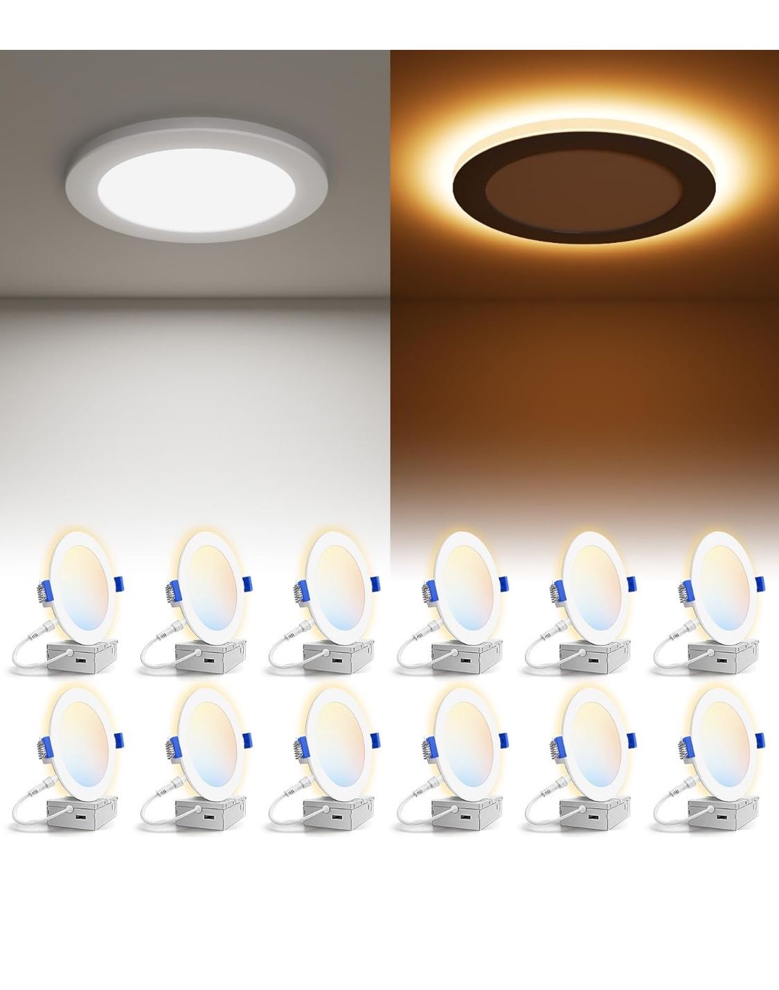 VOLISUN 12 Pack 6 Inch 5CCT Recessed Light with Night Light,Canless LED Recessed Lighting 6 inch,2700K-5000K Selectable,12W=130W,1080LM Dimmable Reces