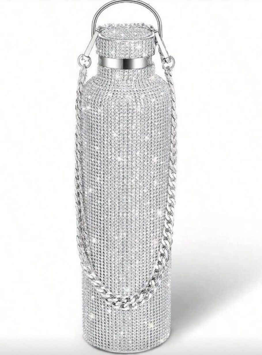 Diamond Water Bottle Bling Rhinestone Stainless Steel Thermal Bottle Refillable Insulated Glitter Water Jug With Chain