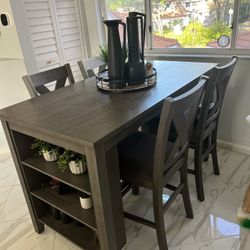 Modern Gray Counter-Height Dining Table Set (4 Chairs + Storage Shelves)