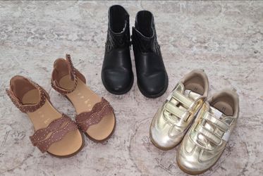 Toddler Girl Shoe Lot Size 11: OshKosh Boots, Gold Sneakers, Copper Key Sandals