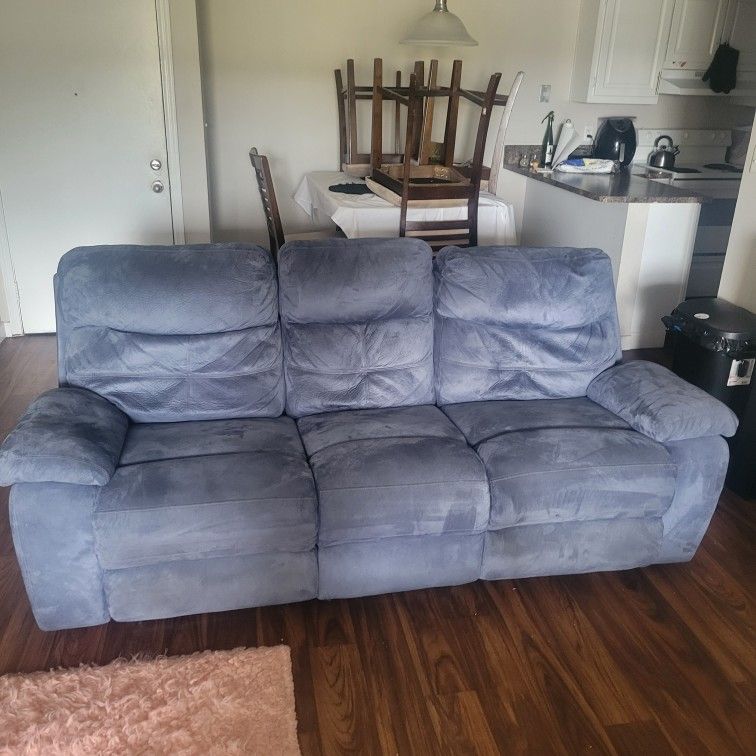 Blue Suede Reclining Couch 