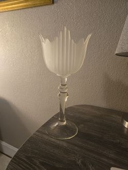 Vintage 13.5” Frosted Glass Tulip Pedestal Candle Holder