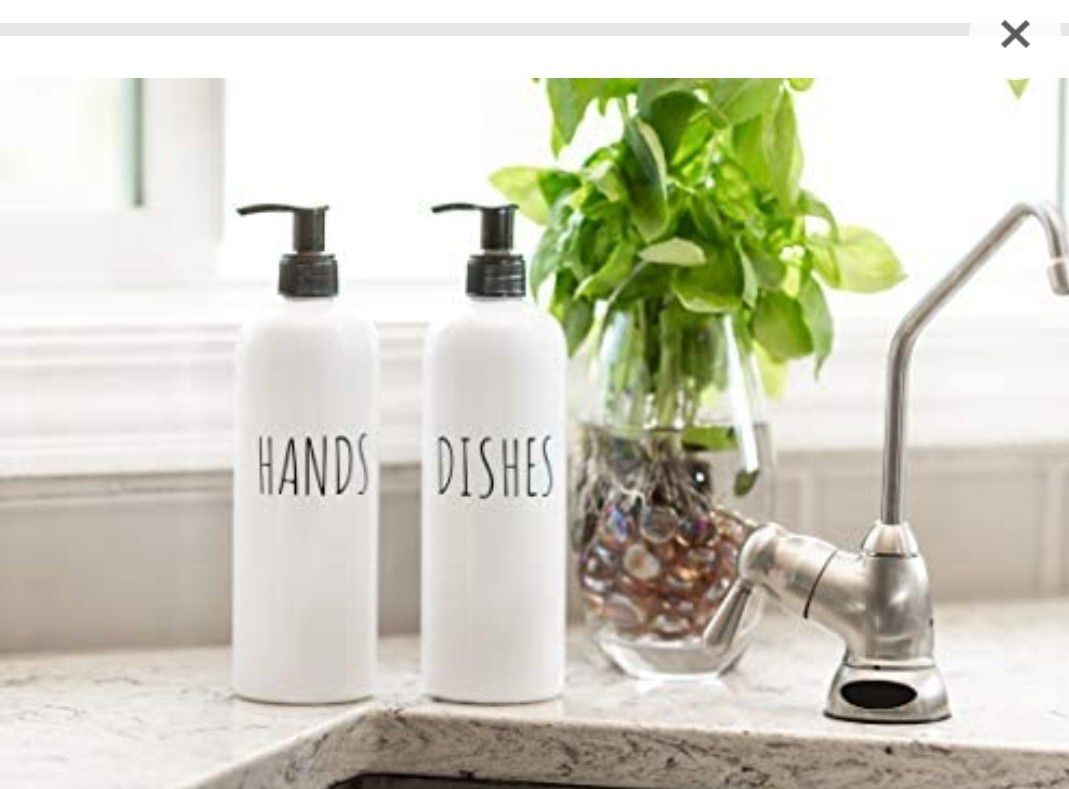 Soap Dispenser Bottles Farmhouse Decor Hands and Dishes 16 oz Plastic with Pump | Kitchen Sink, Bathroom| Rust Free and Shatter Proof | 2 Piece Reusab