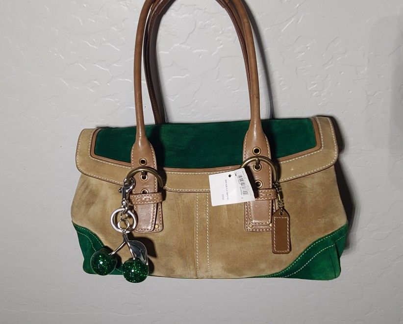 Coach Y2k Suede Green And Tan Flap Satchel