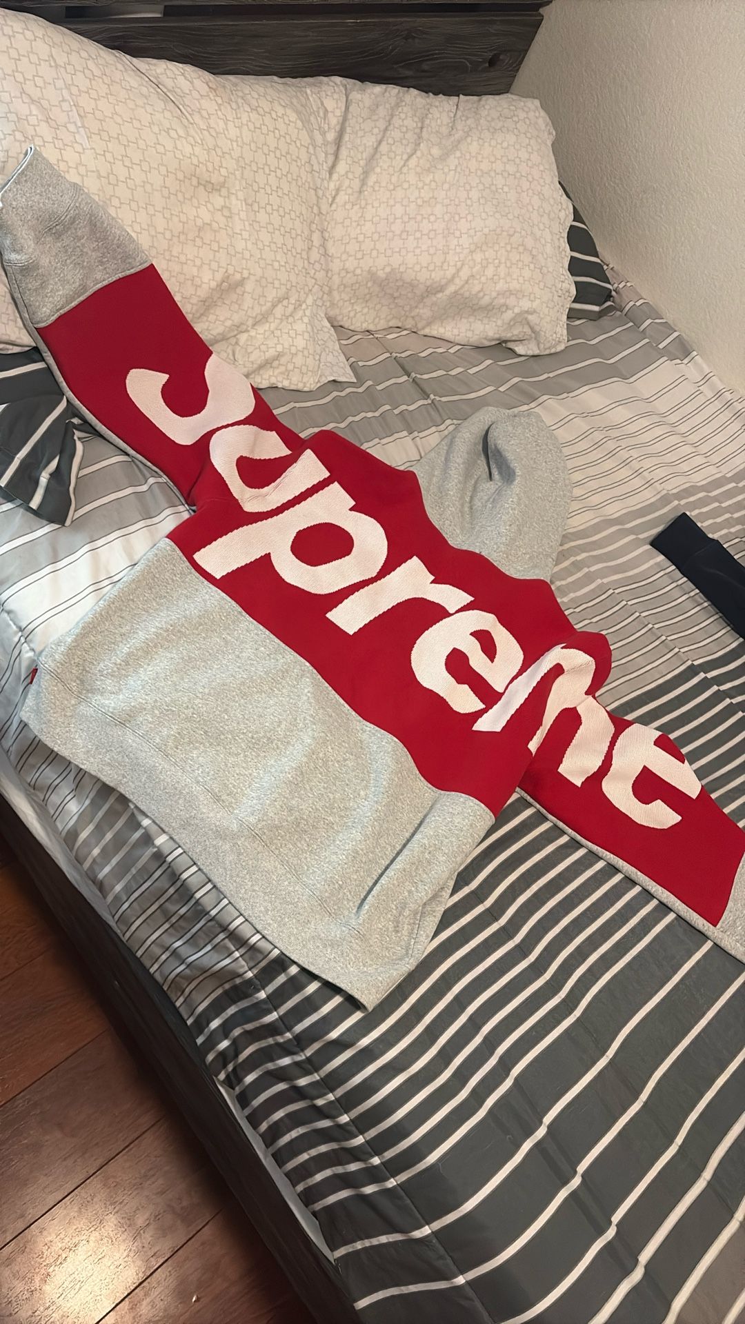 supreme big logo hoodie gray and red