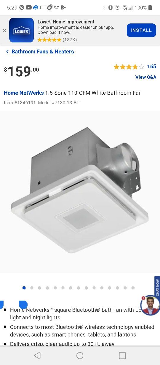 Home Netwerks square Bluetooth bath fan with LED light and night - Main Image