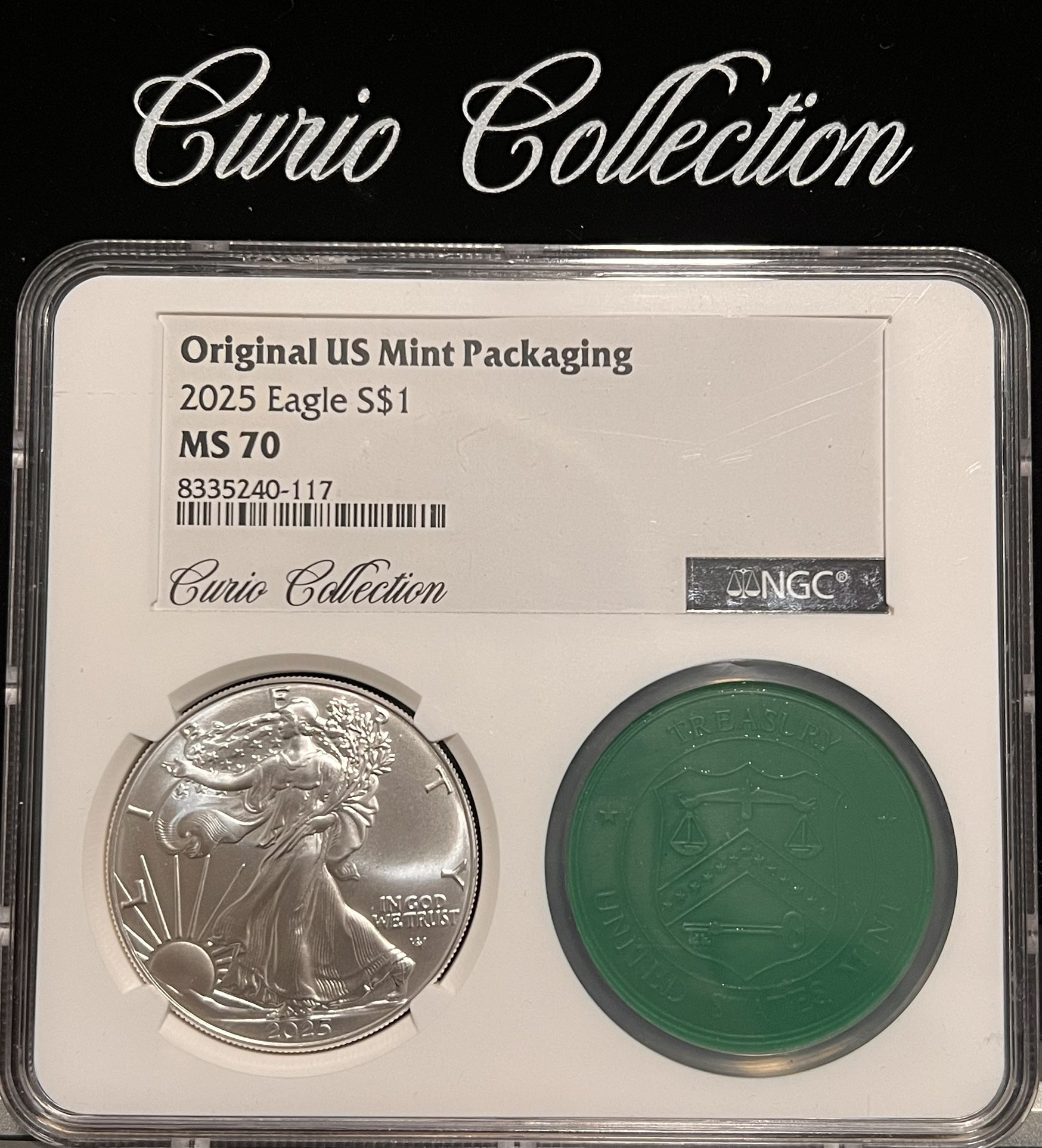 2025 American Silver Eagle ASE • Exclusive Curio Collection #117/120 • Original US Mint Packaging Tube Top + Velvet Bag • Graded NGC MS70
