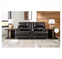 Mountainous 82 in. Solid Leather Match 2-Seater Power Reclining Loveseat with USB Port, Cup Holders and Console in Black