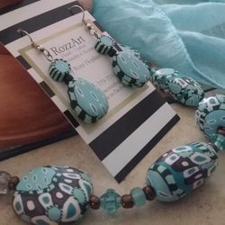 Hand Crafted, Turquoise And Copper Polymer clay Necklace And Earrings Set  By RozzArtDesigns.  