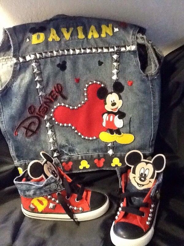 Mickey denim jacket with converse shoes