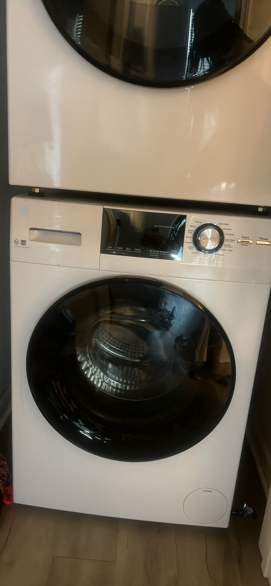 GE 2.4 cu. ft. Stackable White Front Loading Washing Machine with Steam, ENERGY S Washer and dryer