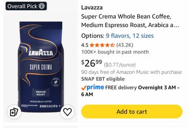 Lavazza Super Crema Whole Bean Coffee