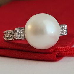 ❤️18k Size 8 Solid White Gold 12mm Fresh Water Pearl Ring with Swarovski crystals, AMAZING!/ 👌🎁Post Tags: Anillos de oro de 14k and 18k